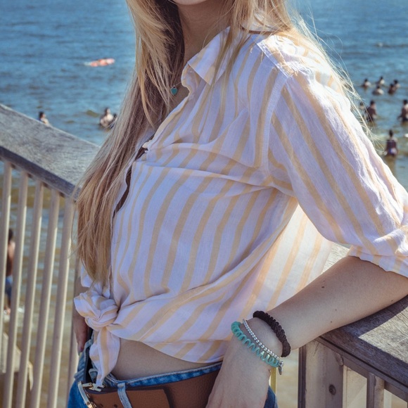 White and Yellow Straps Button Down Shirt Size S Long Sleeve by H&M - Picture 3 of 4